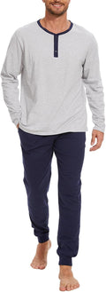 Men Pajama Set with Henley Neckline 100% Cotton Soft and Comfortable Nightwear 2-Piece Lounge Set
