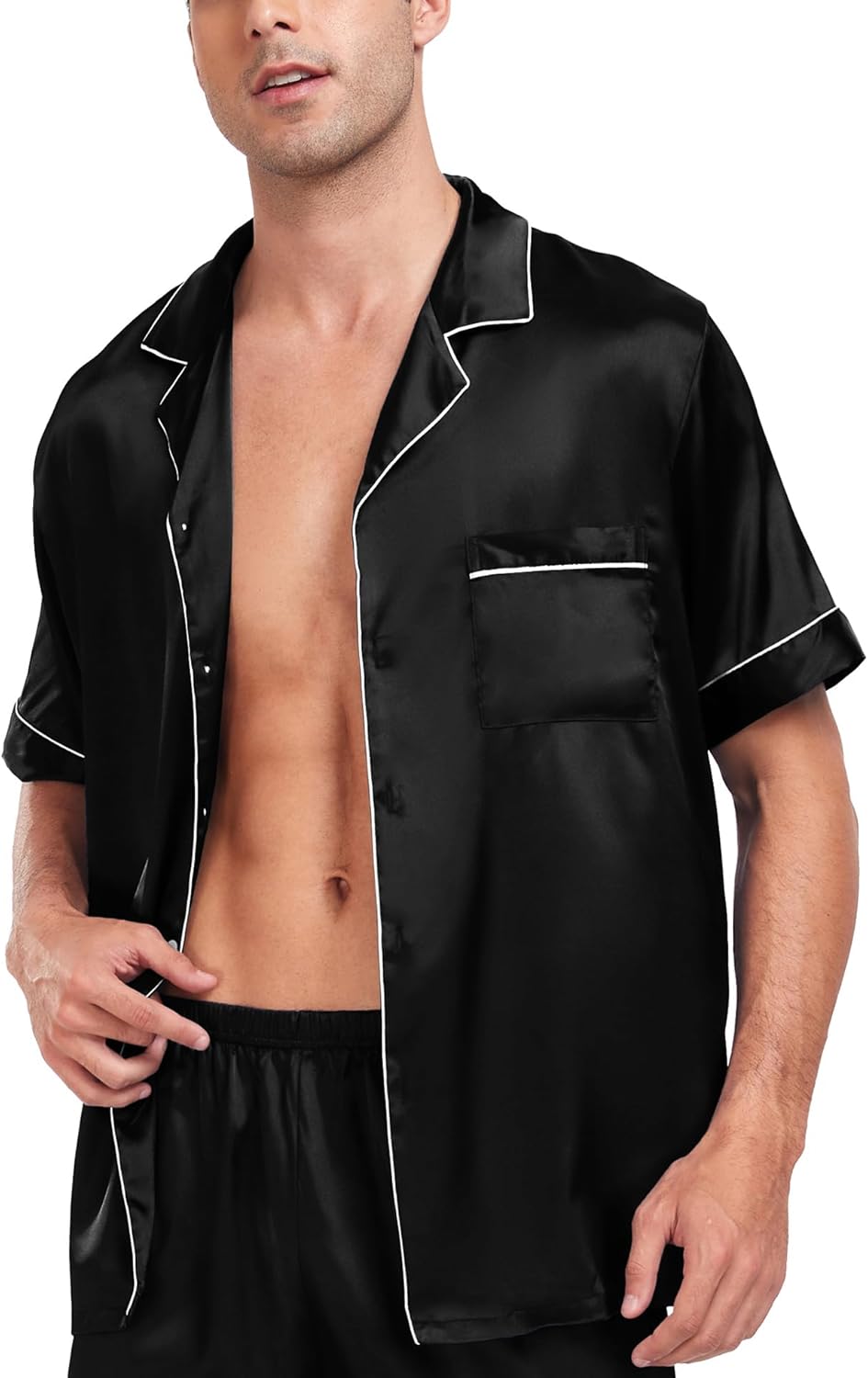 Men Satin Silk Pajamas Sets Short Sleeve Sleepwear Button-Down PJs Sets Two-Pieces Loungewear with Pockets