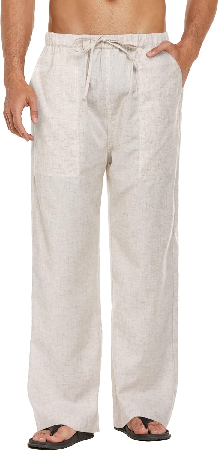 men Casual Linen Pants Elastic Waist Linen Pants Drawstring Summer Beach Yoga Linen Trouser