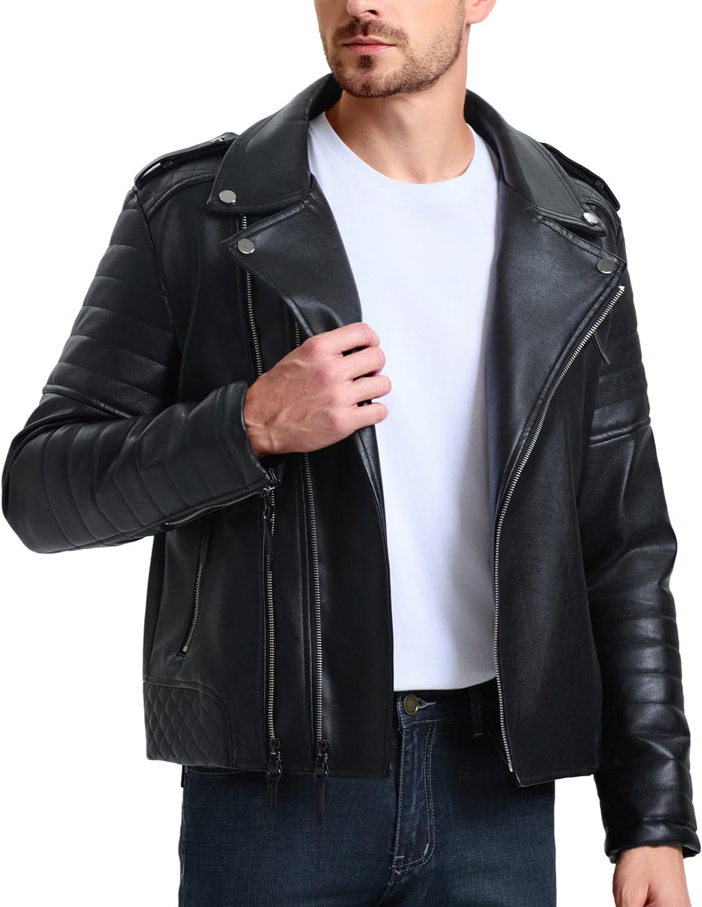 Men Leather Jackets, Faux Bomber Jacket for Men Motorcycle Lapel Asymmetric Zip-Up  Biker Coat