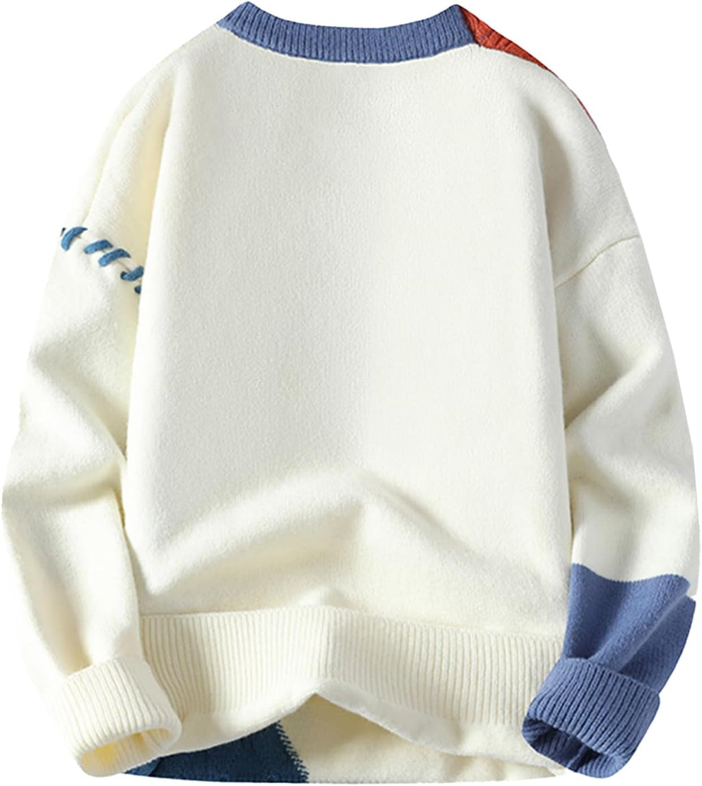 Patchwork Sweater Men Colorblock Jumper Cable Knitted Pullover