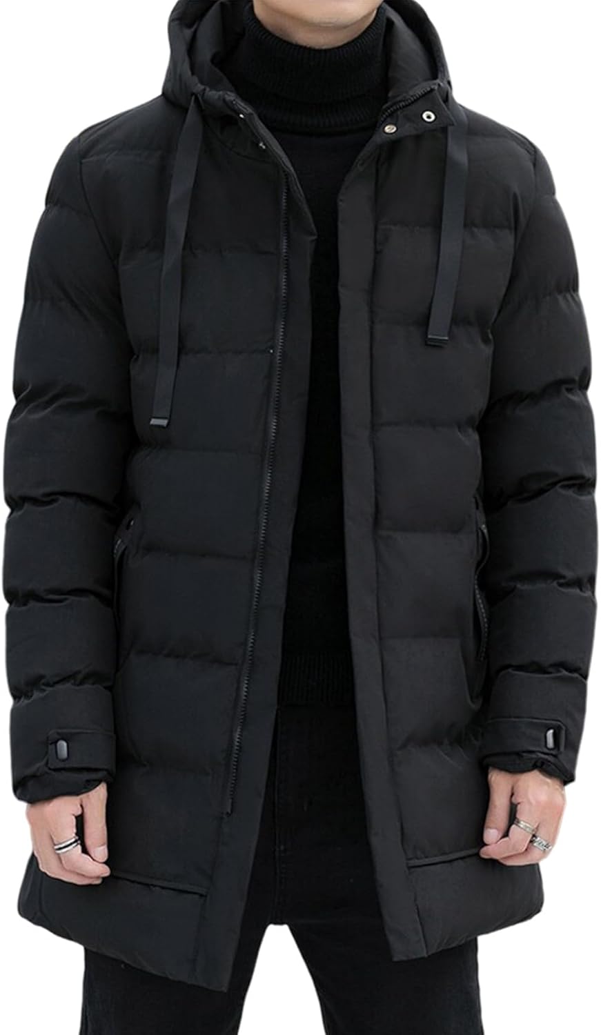 Men's Winter Puffer Jacket Hooded Zip Up Long Coat Warm Quilted Padded Jackets with Pockets