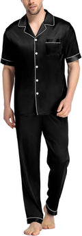 Mens Satin Pajama Set Short Sleeve Classic Sleepwear Button Down Silky Loungewear with Long Pants