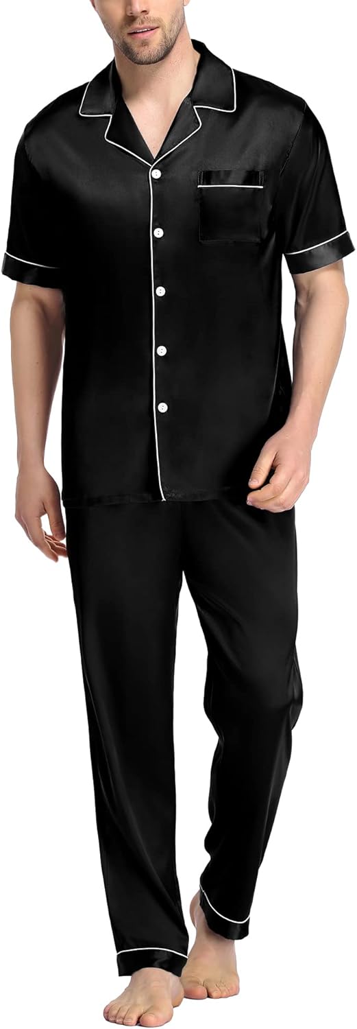 Mens Satin Pajama Set Short Sleeve Classic Sleepwear Button Down Silky Loungewear with Long Pants
