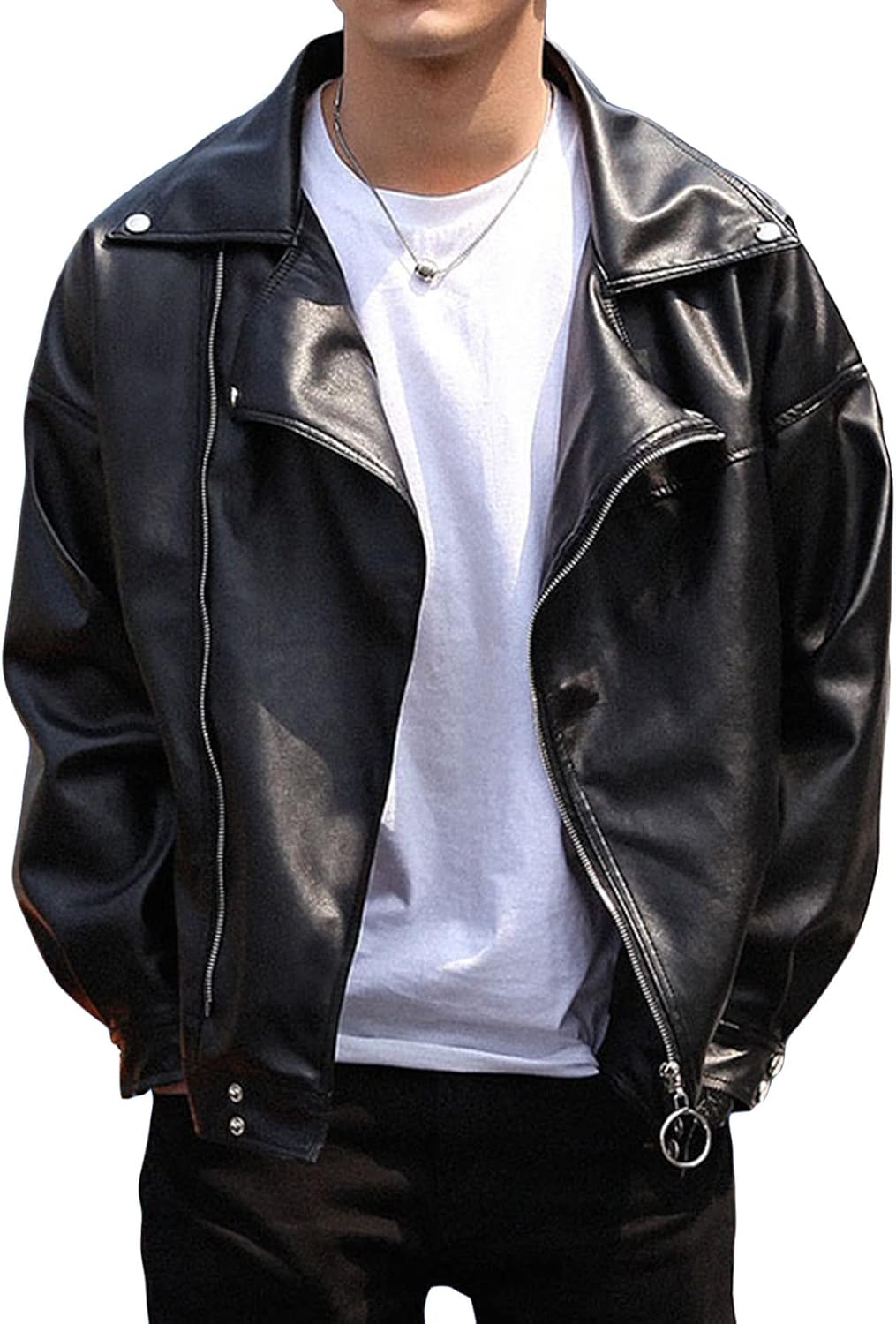 Men Faux Leather Biker Jacket Vintage Asymmetric Zip Motorcycle Jackets PU Lightweight Punk Belted Slim Coat