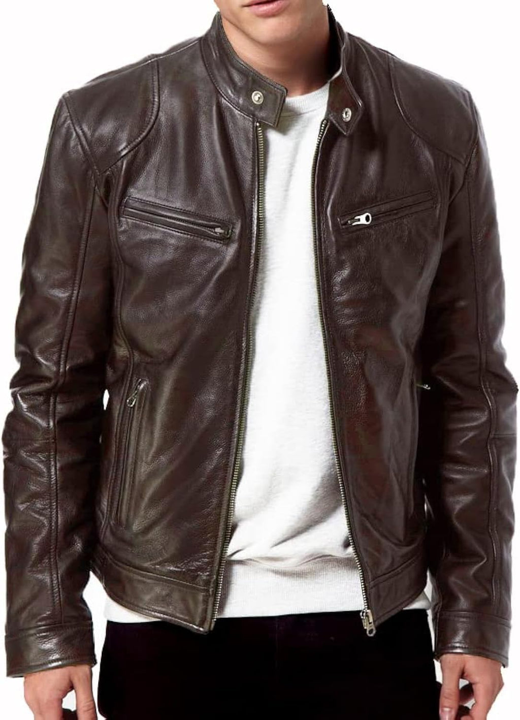 Men Black Genuine Lambskin Leather Biker Jacket VINTAGE REAL BROWN MOTORCYCLE JACKETS FOR MEN