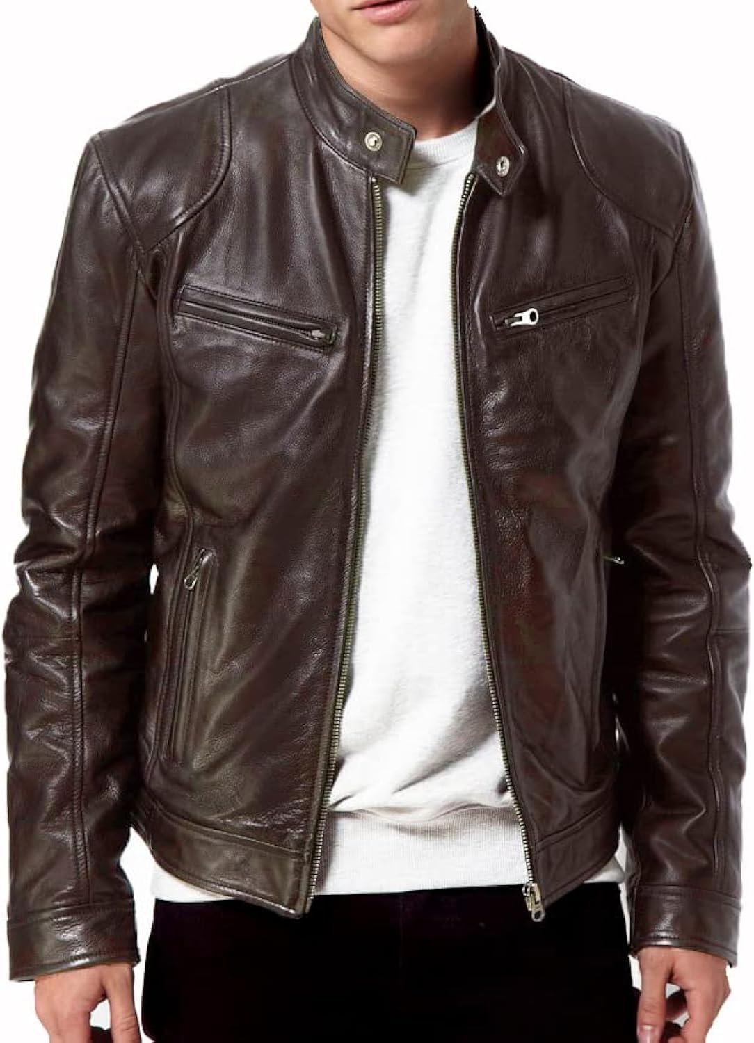 Men Black Genuine Lambskin Leather Biker Jacket VINTAGE REAL BROWN MOTORCYCLE JACKETS FOR MEN