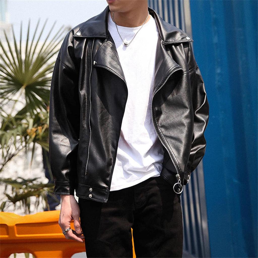 Men Faux Leather Biker Jacket Vintage Asymmetric Zip Motorcycle Jackets PU Lightweight Punk Belted Slim Coat