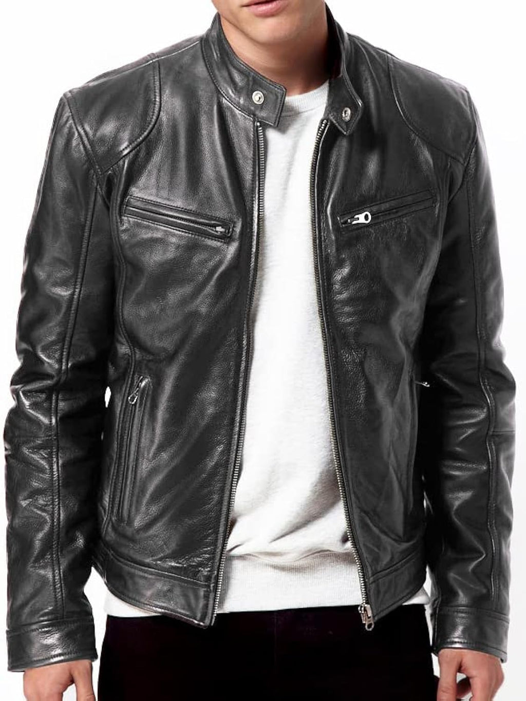 Men Black Genuine Lambskin Leather Biker Jacket VINTAGE REAL BROWN MOTORCYCLE JACKETS FOR MEN