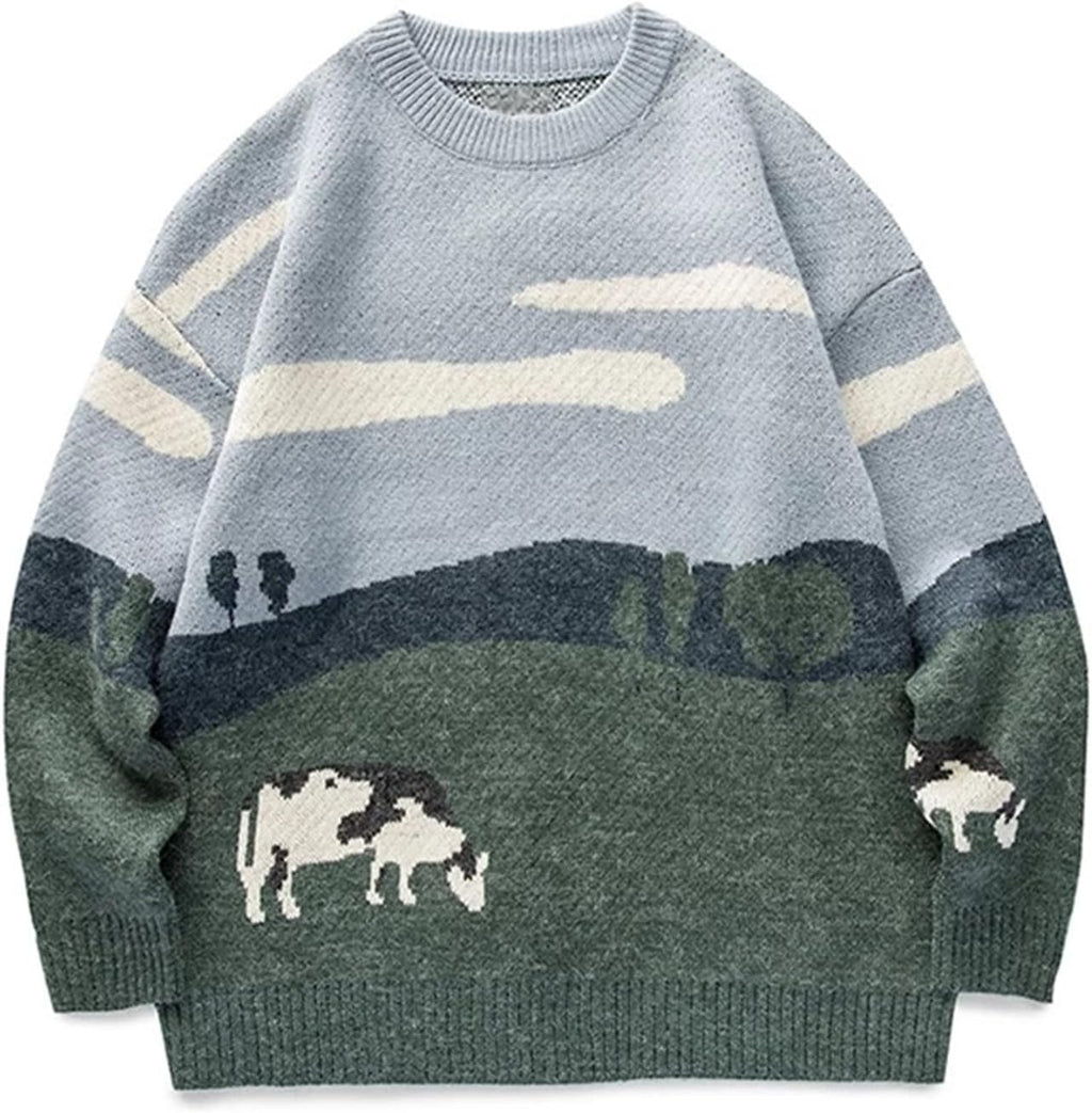 Men Vintage Sweater Grandpa   Casual Cable Knit Sweater Pullover Graphic Crewneck Tops