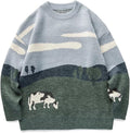 Men Vintage Sweater Grandpa   Casual Cable Knit Sweater Pullover Graphic Crewneck Tops