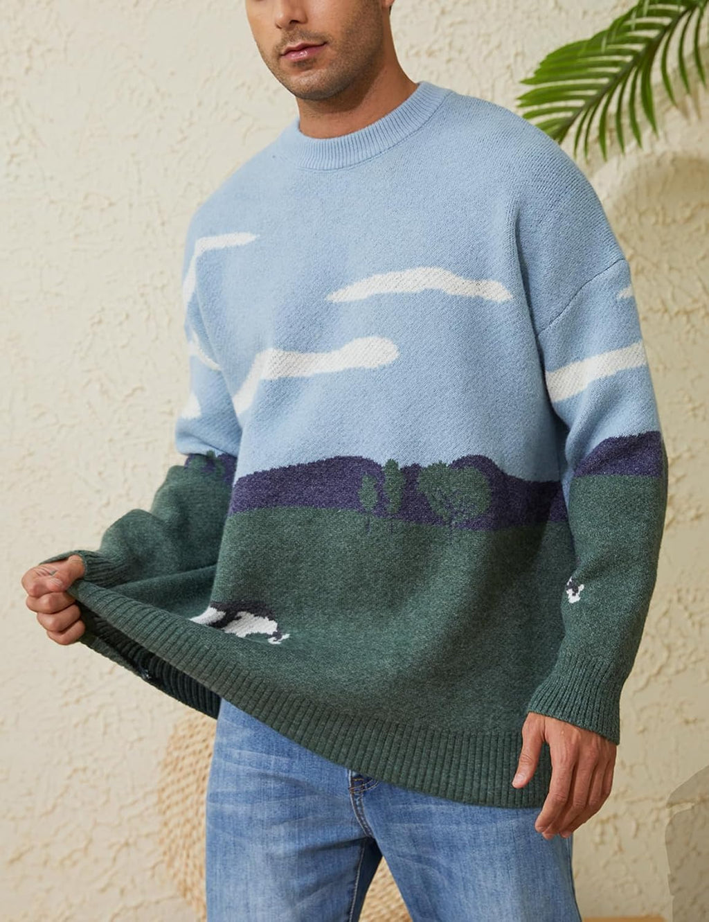 Men Vintage Sweater Grandpa   Casual Cable Knit Sweater Pullover Graphic Crewneck Tops
