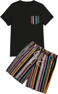 Men 2 Piece Tracksuit Sets Short Sleeve Tee Top and Striped Shorts Sets