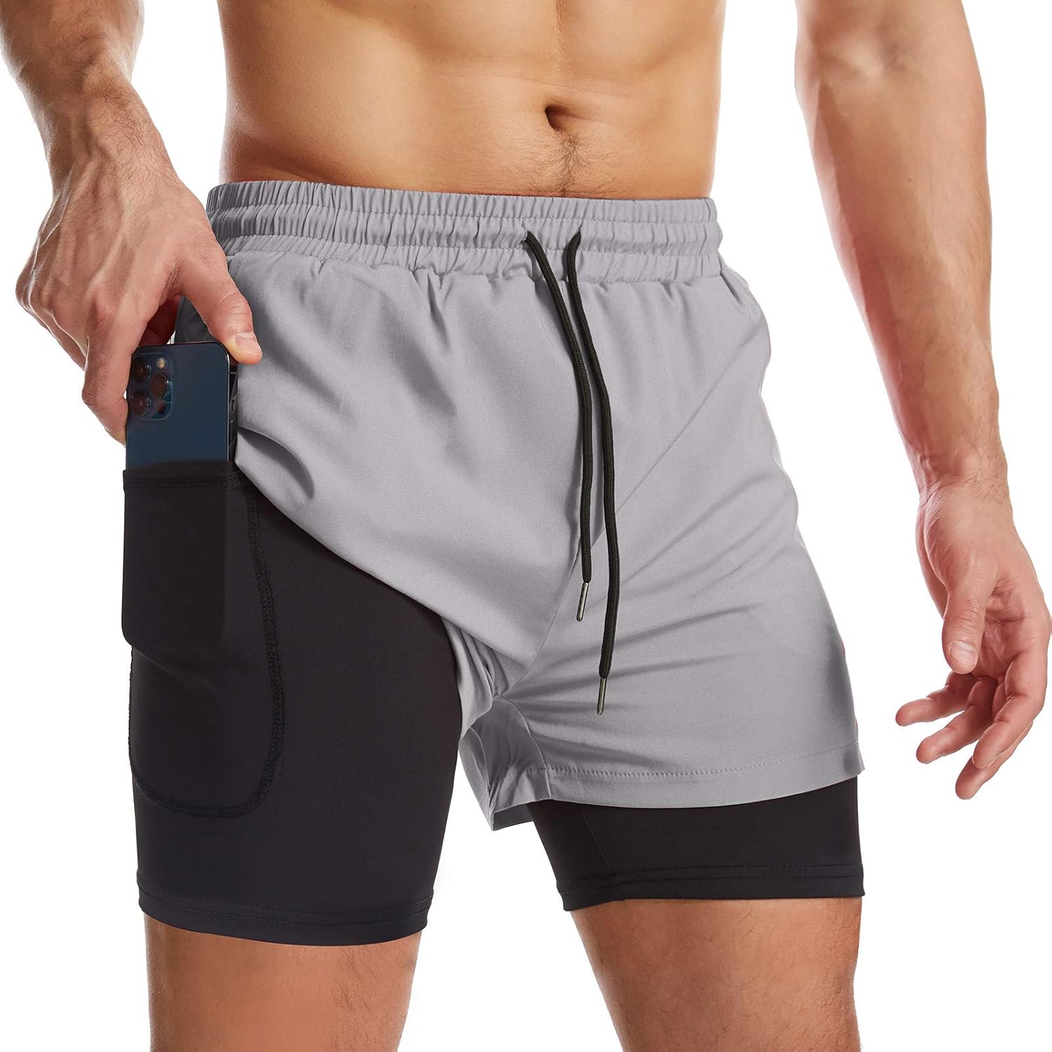 men 2 in 1 Running Shorts Quick Dry Athletic Shorts with Liner, Workout Shorts with Zip Pockets and Towel Loop