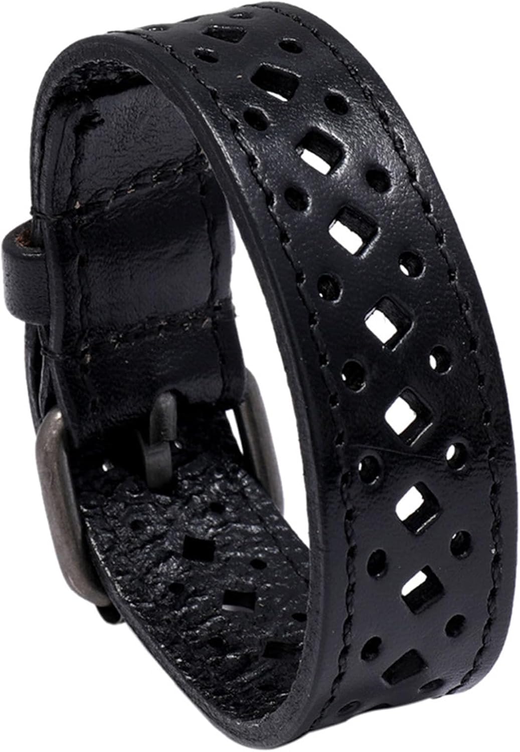 Punk Rock Retro Simple Alloy Belt Buckle Wristband Hollow Square Pattern Pu Leather Adjustable Cuff Bracelet