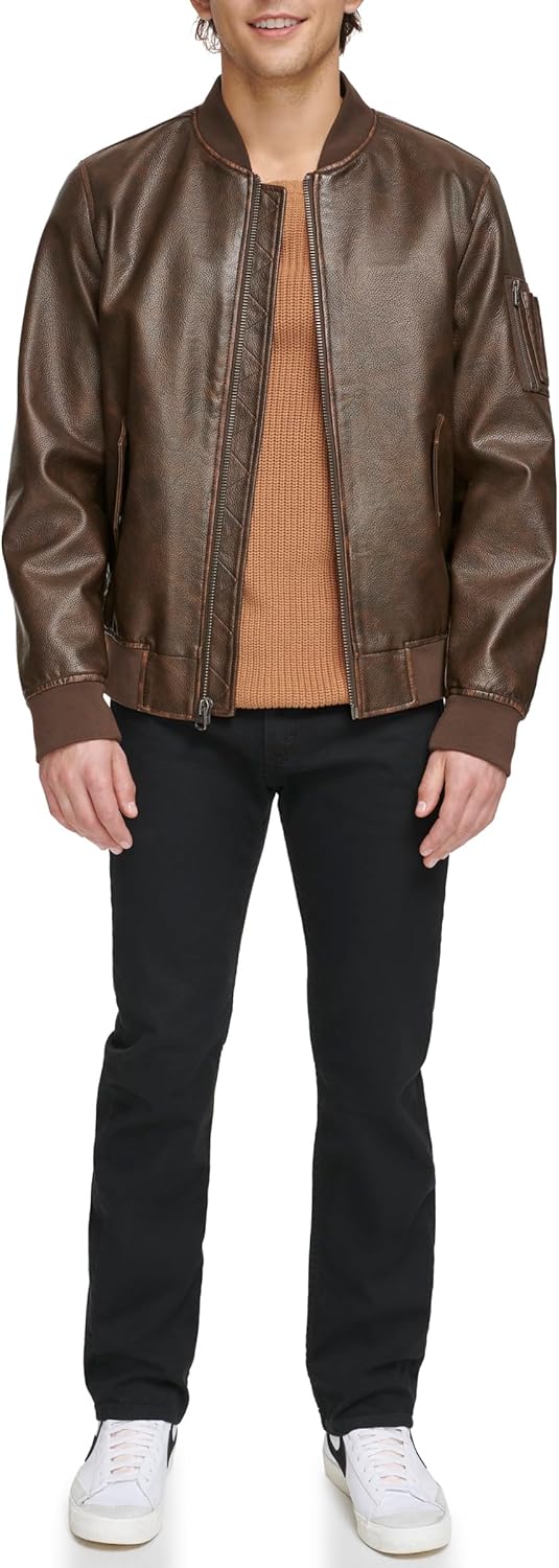 Men Faux Leather Varsity Bomber Jacket