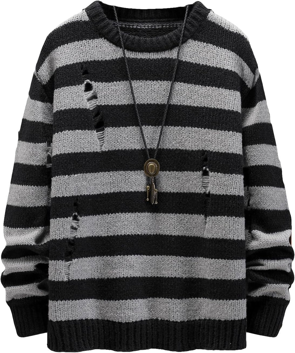 Men Distressed Contrast Binding Round Neck Sweater Striped Long Sleeve Knit Top