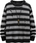Men Distressed Contrast Binding Round Neck Sweater Striped Long Sleeve Knit Top