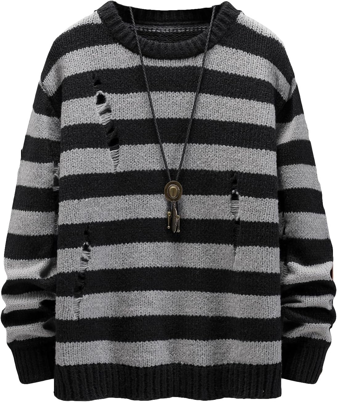 Men Distressed Contrast Binding Round Neck Sweater Striped Long Sleeve Knit Top
