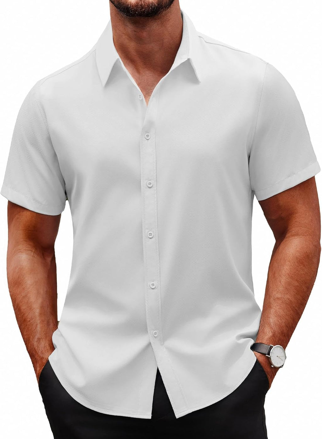 Men Dress Shirts Short Sleeve Wrinkle Free Business Textured Shirt Casual Button Down Shirts