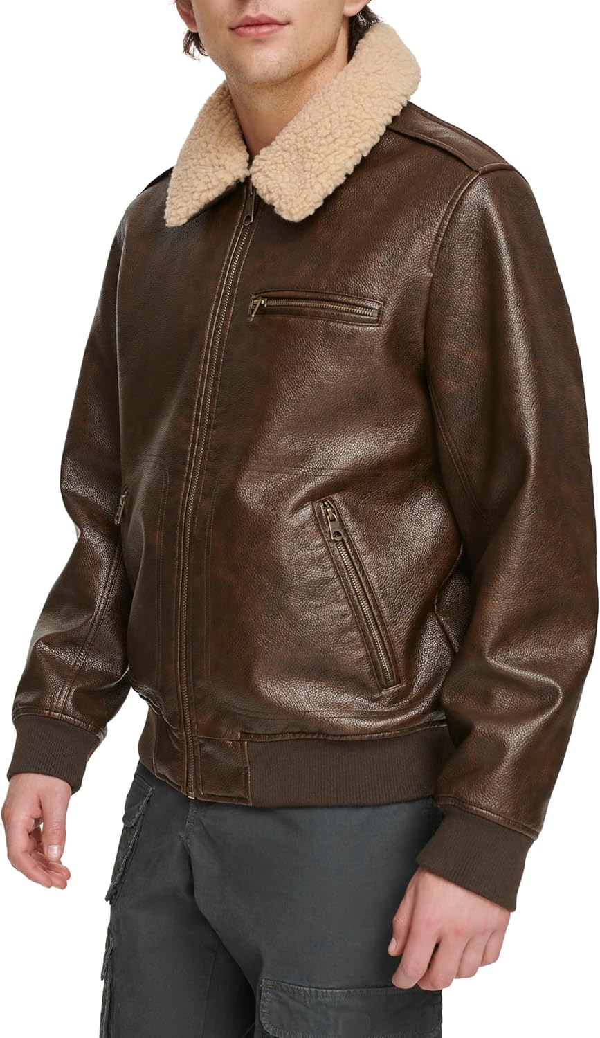 Men Faux Leather Aviator Bomber Jacket with  Collar