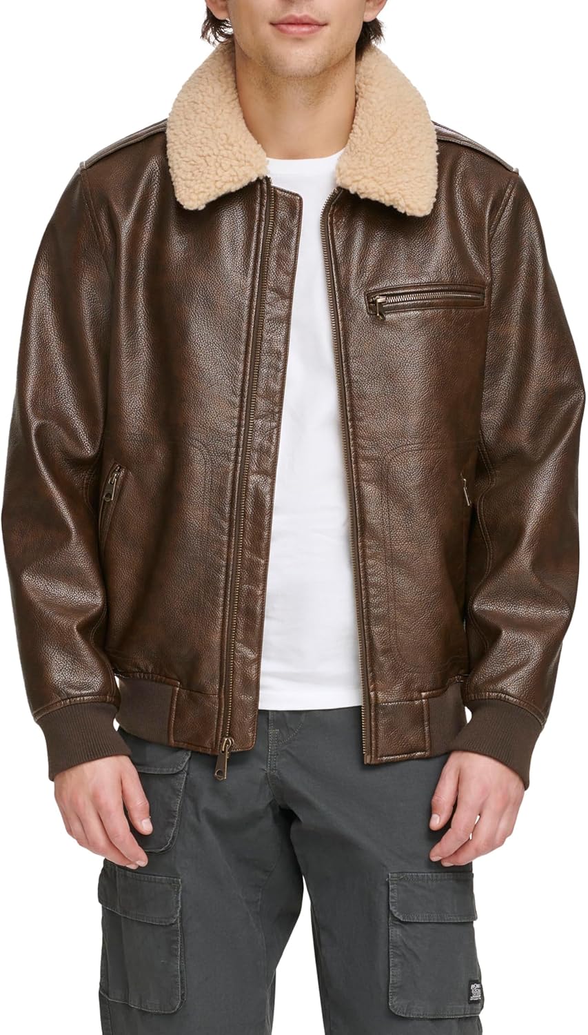 Men Faux Leather Aviator Bomber Jacket with  Collar