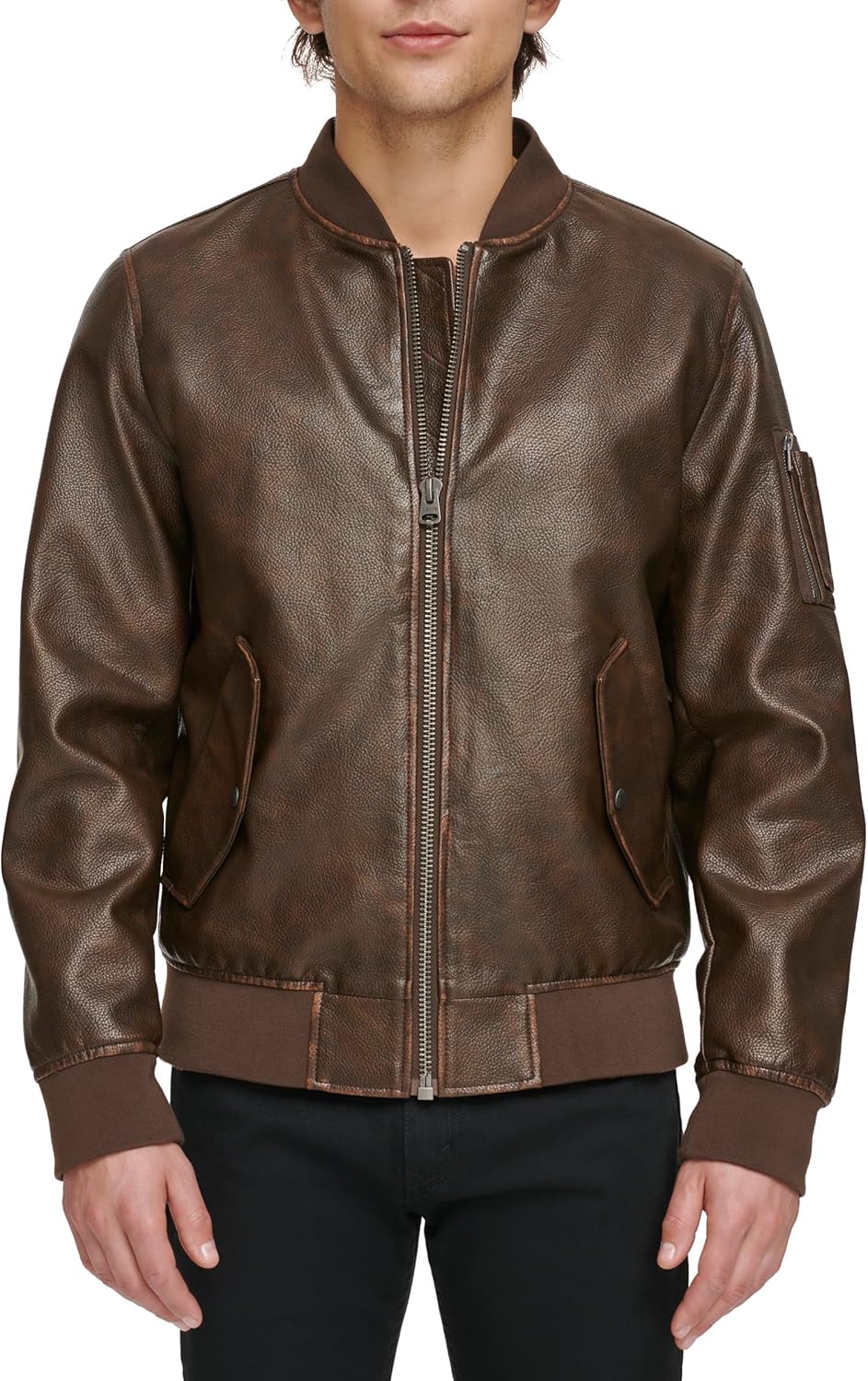 Men Faux Leather Varsity Bomber Jacket