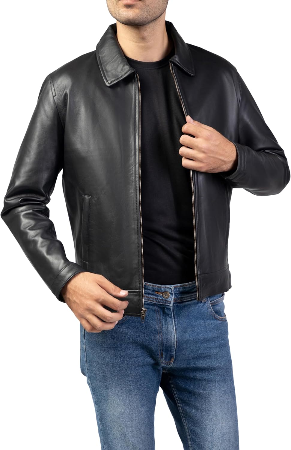 Polo Collar Premium Leather Jacket Men - Old School Classic Style Everyday Wear Real Lambskin Mens Leather Jacket