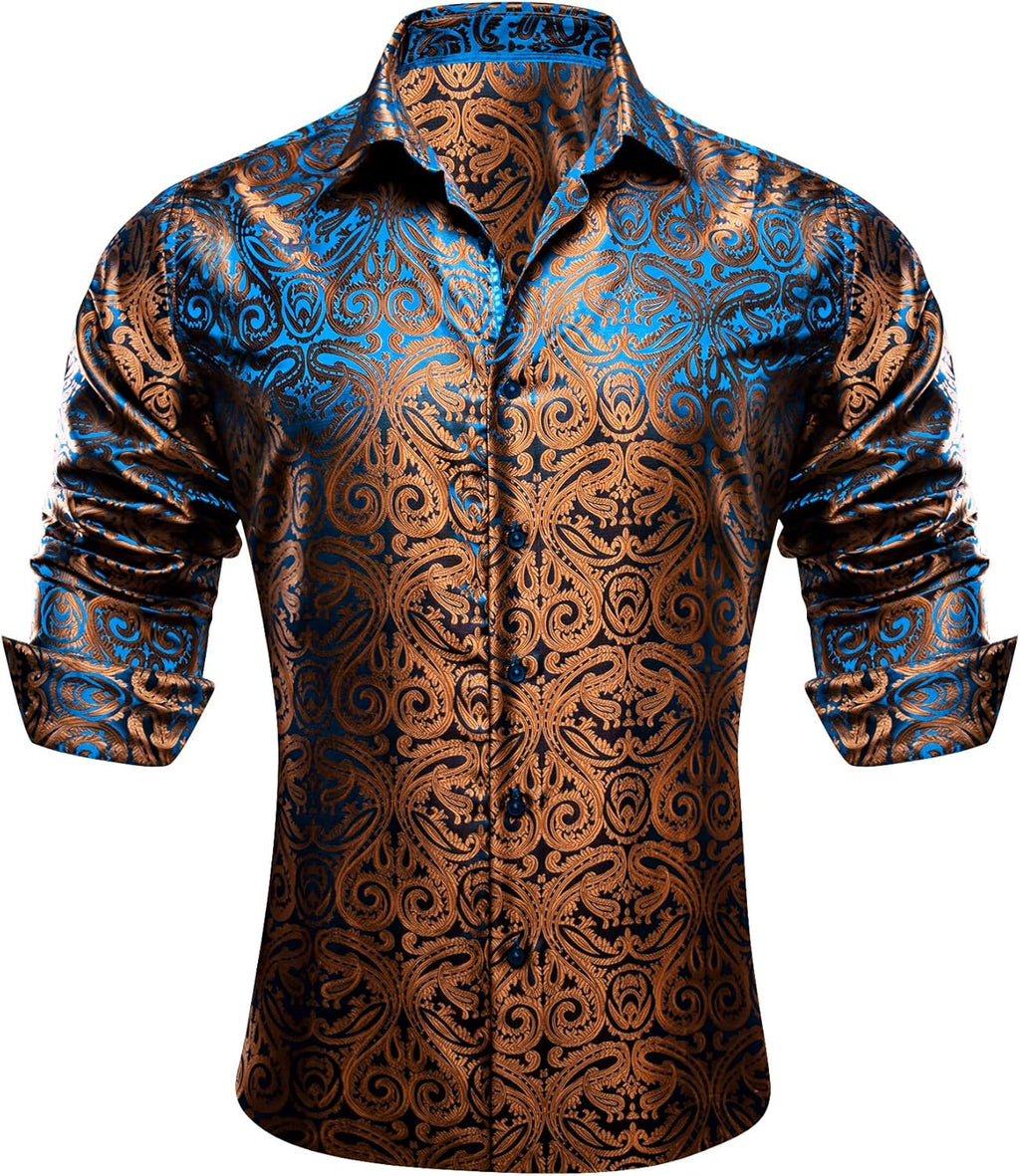 Men Dress Shirt Silk Long Sleeve Button Down Shirts Formal Wedding Regular Fit Tops Disco Party