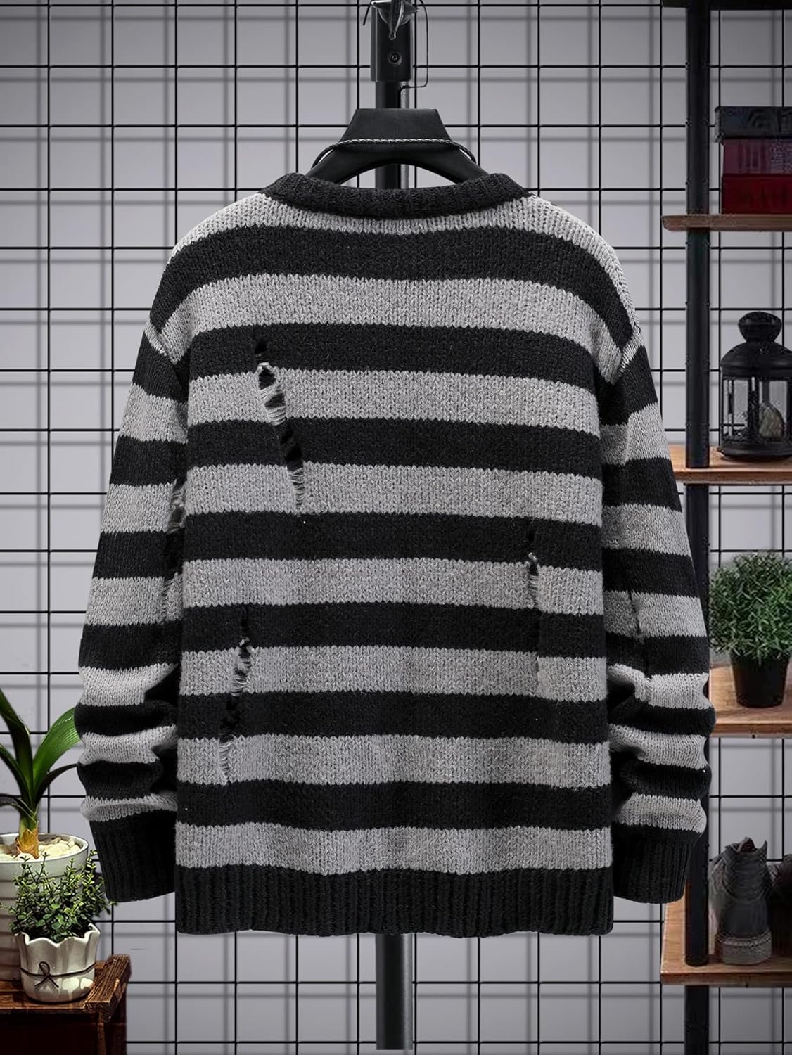 Men Distressed Contrast Binding Round Neck Sweater Striped Long Sleeve Knit Top