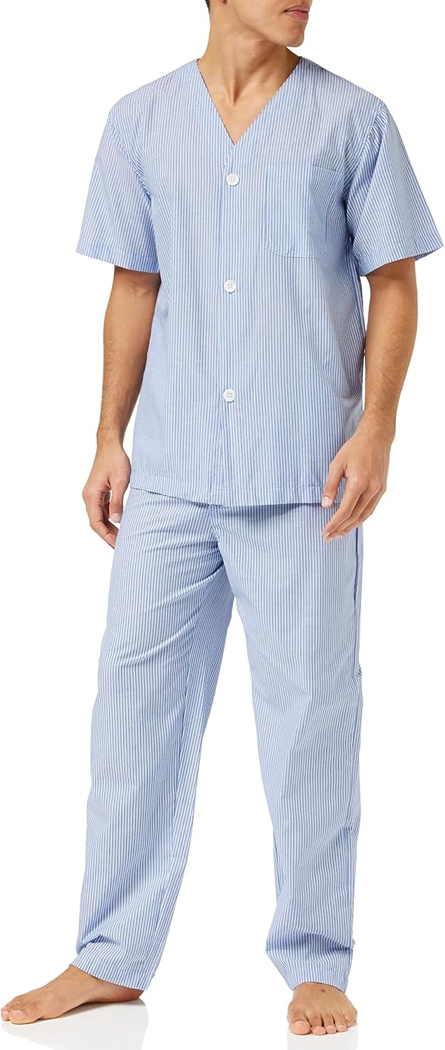Men Broadcloth Short Sleeve Top and Long Pants Pajama Set